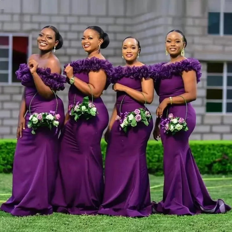 2023 Sexy Purple Bridesmaid Dresses African Country Wedding Guest Dress Off Shoulder With Ruffles Mermaid Elastic Satin Party Maid of Honor Gowns Plus Size