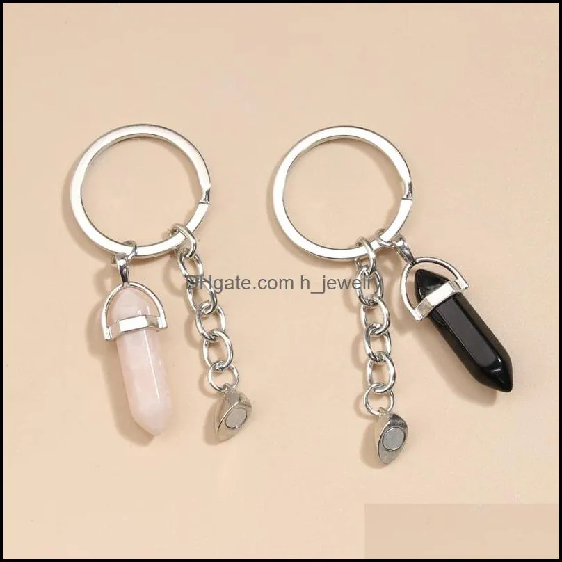 natural crystal quartz stone key ring love heart magnetic button keychains for couple friend gifts diy handmade jewelry keyrings