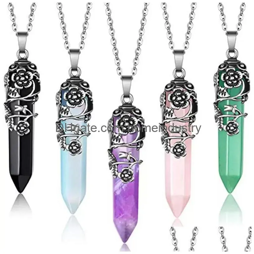 natural crystal stone necklace creative plum blossom crystal column pendant necklaces with chain jewelry accessories zze12569