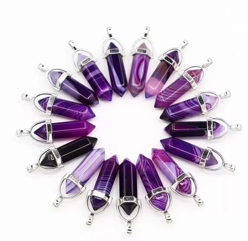 natural stone purple stripe agate hexagonal column pillar charms pendants diy jewelry making accessories new design for necklaces