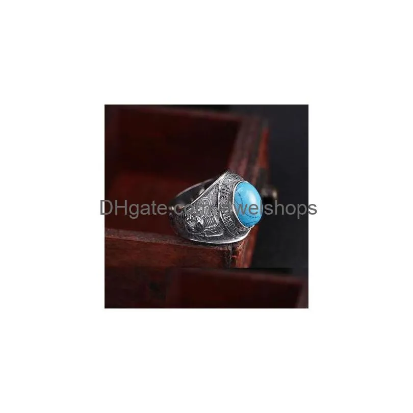 925 sterling silver inlay big blue turquoise flying eagle english letter ring jewelry
