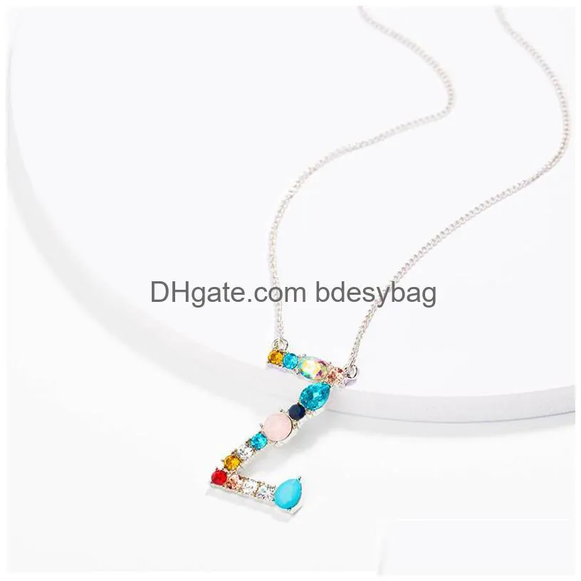 colorful charm silver pendant necklace rhinestone initial 26 letter necklaces couple name necklace valentines day gift wholesalez