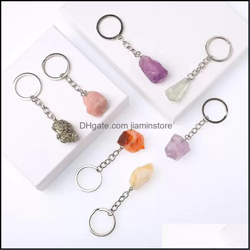 natural raw ore stone keychain gem quartz fluorite key ring citrine lapis lazuli amethyst irregular chain pendants car key holder charms