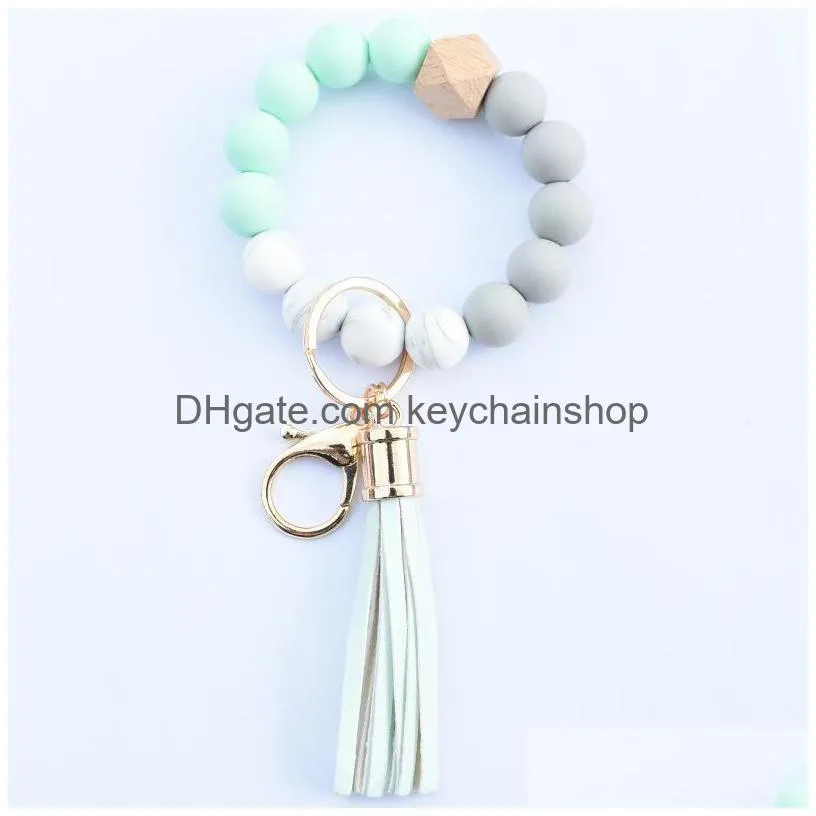 silicone beaded bangle keychain with tassel for women party favor wristlet key ring bracelet