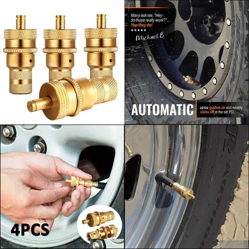 4pcs universal offroad brass tire deflators kit automatic 630psi tyre tire pressure relief deflators bleeder set 210727