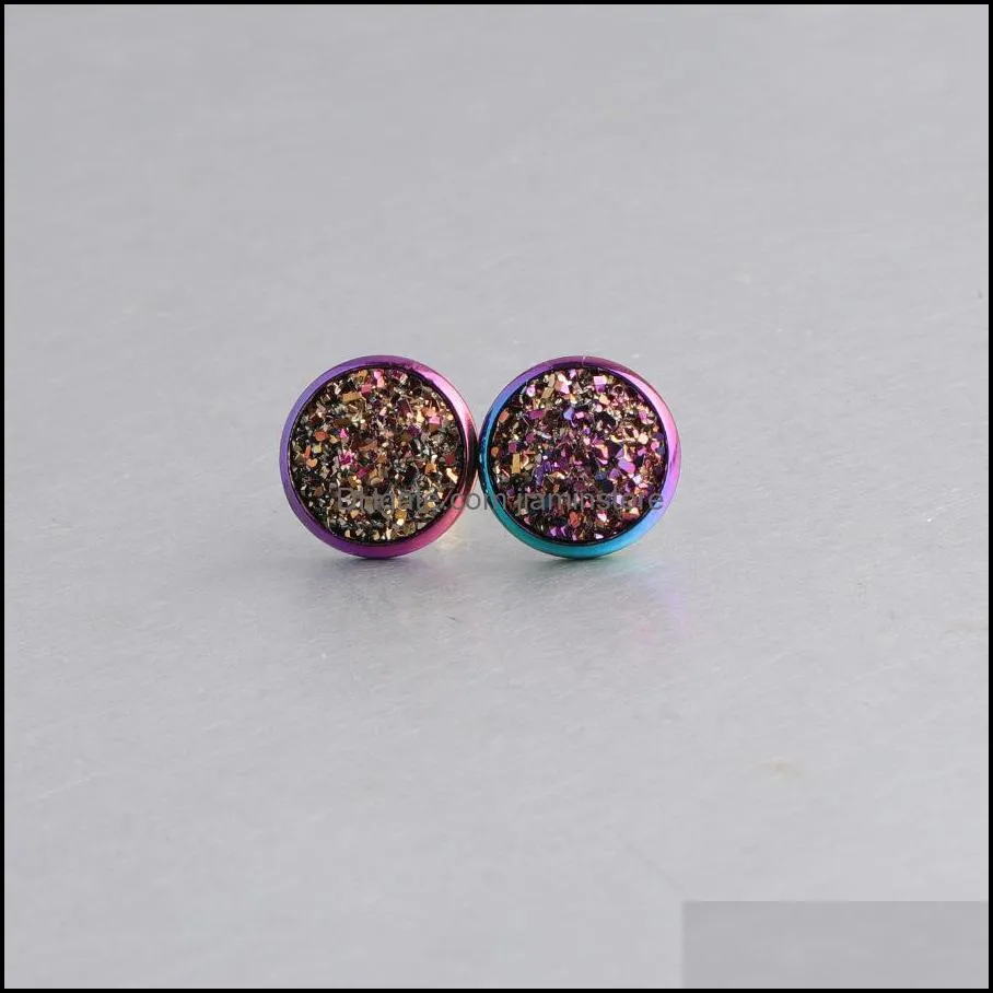 rainbow color stainless steel stud 8mm 10mm 12mm resin druzy drusy earrings handmade stud for women jewelry men