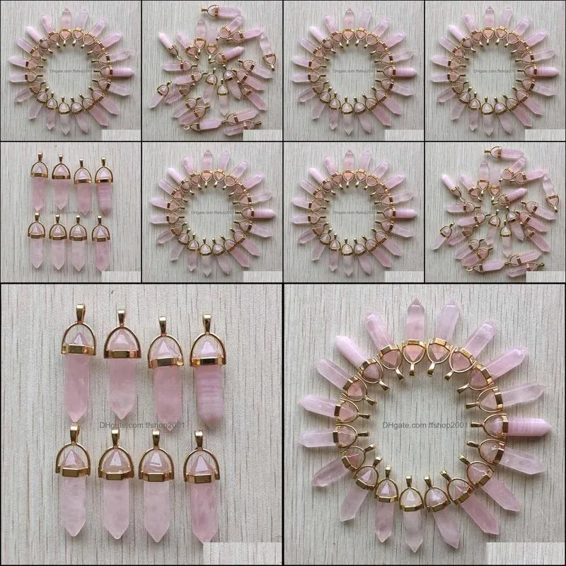 natural stone rose quartz hexagon prism shape charms crystal gold pendants for jewelry making wholesale