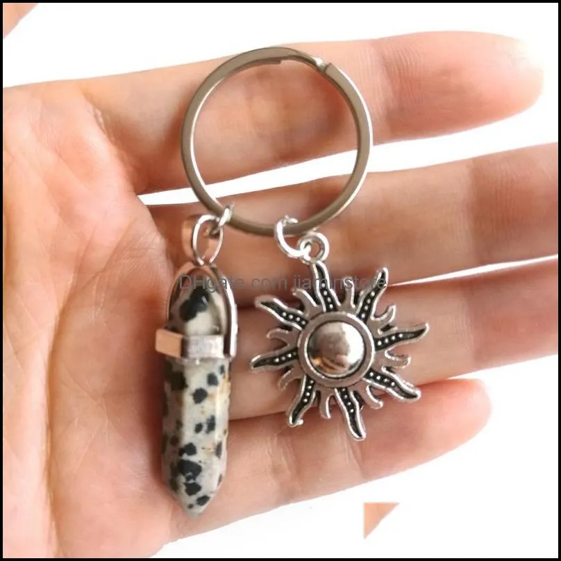 alloy sun sunshine natural stone hexagonal column couple keychain women rose quartz key chains trinket wedding party lovers gift