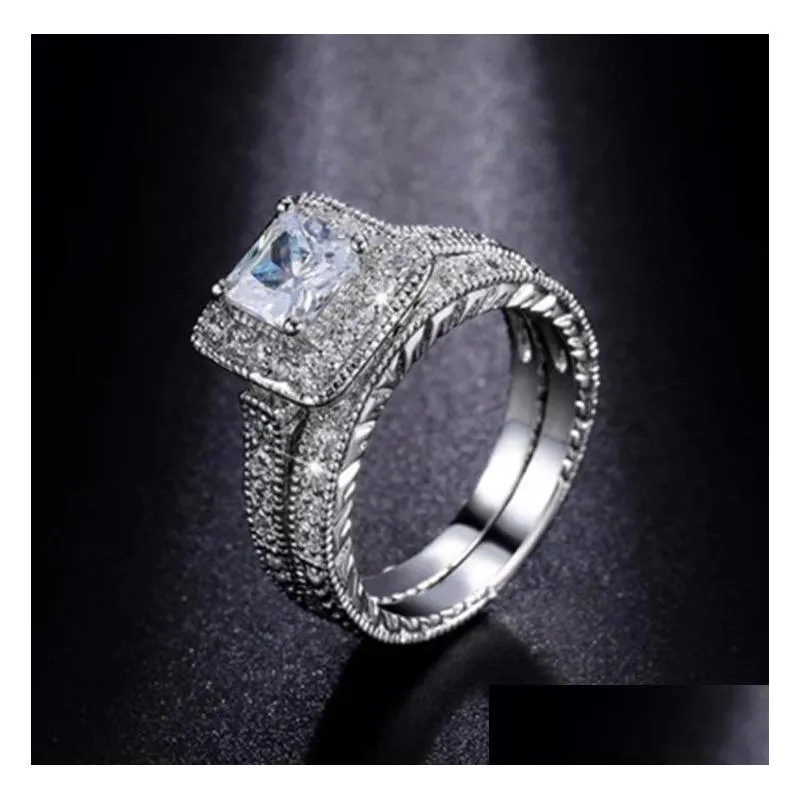 silverplated diamond fashion luxury couple square diamond ring set