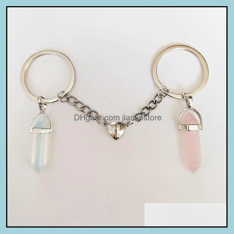 lover natural crystal rose quartz stone key ring love heart magnetic keychains for couple friend gifts diy handmade jewelry keyrings