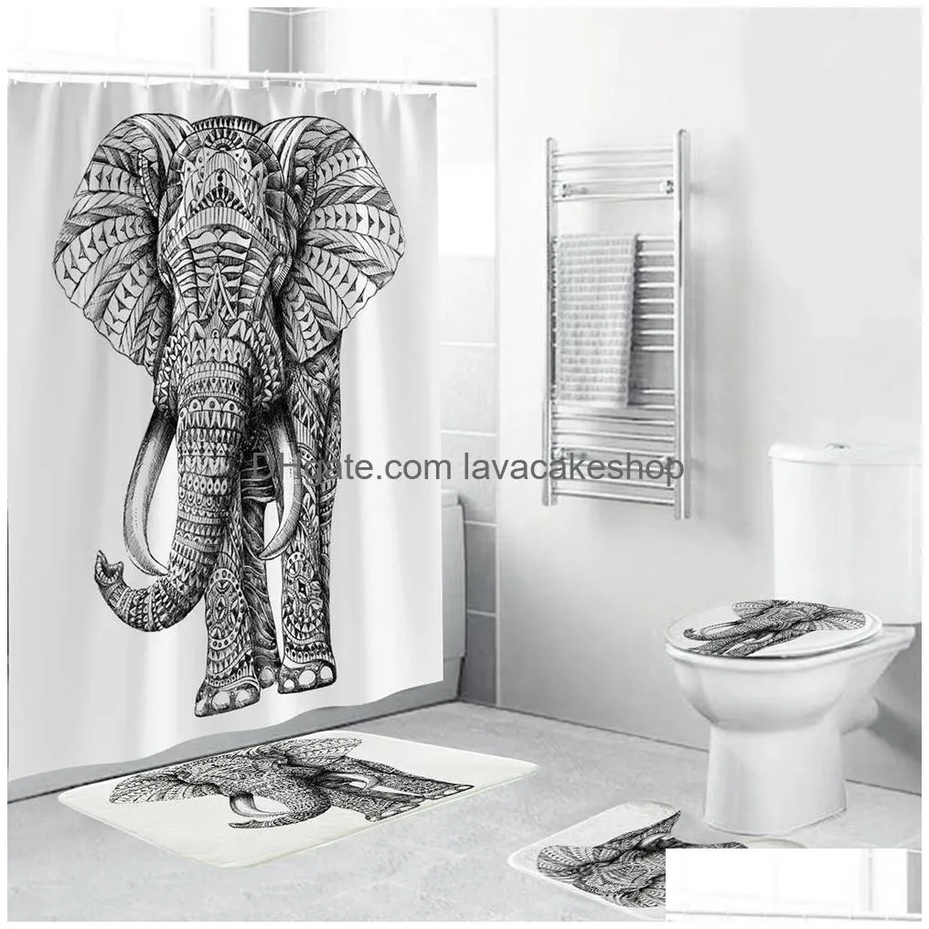 water color elephant shower curtain polyester 4 piece bathroom set carpet cover toilet cover bath mat pad for home decor t200711