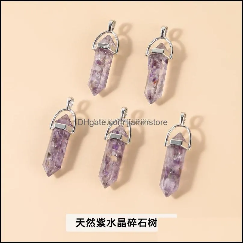 crystal stone gravel charms resin wrapped double pointed bullet hexagon prism shape pendants for healing crystals stones necklace jewelry