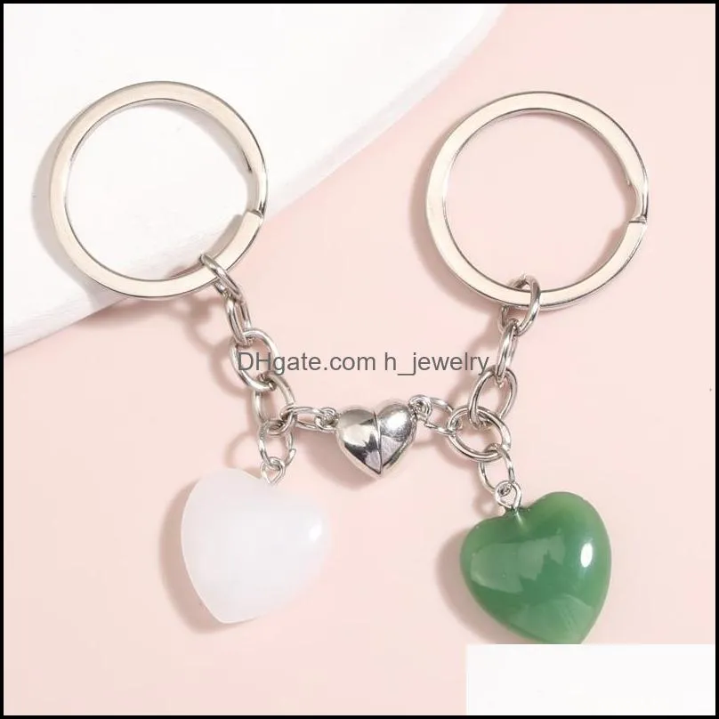 design keychain natural crystal quartz stone love heart magnetic button keyring key chains for couple friend gifts diy jewelry