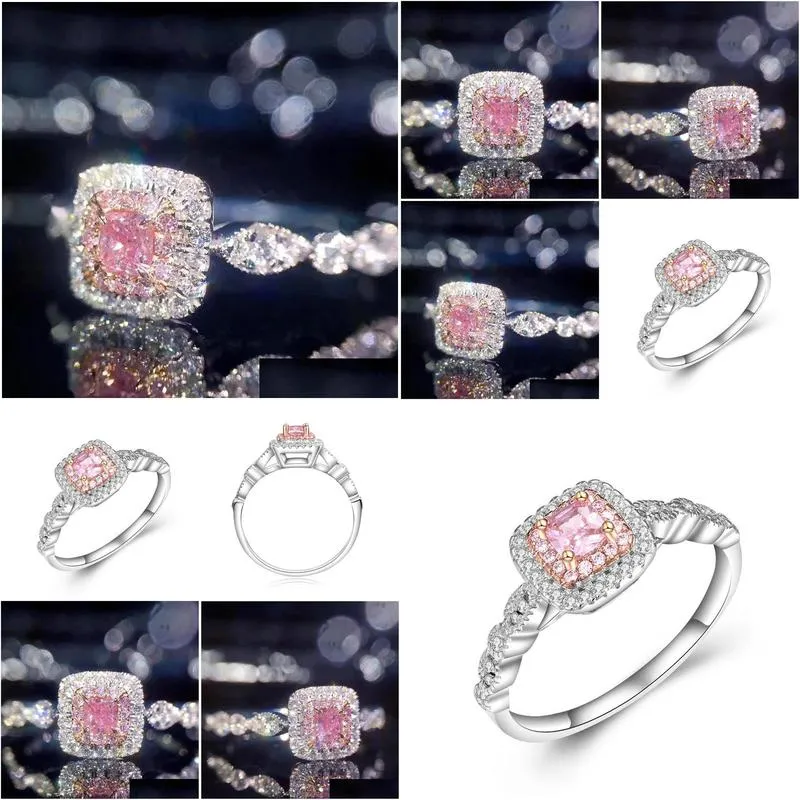 pink color microinlaid artificial diamond ring square diamond womens wedding ring