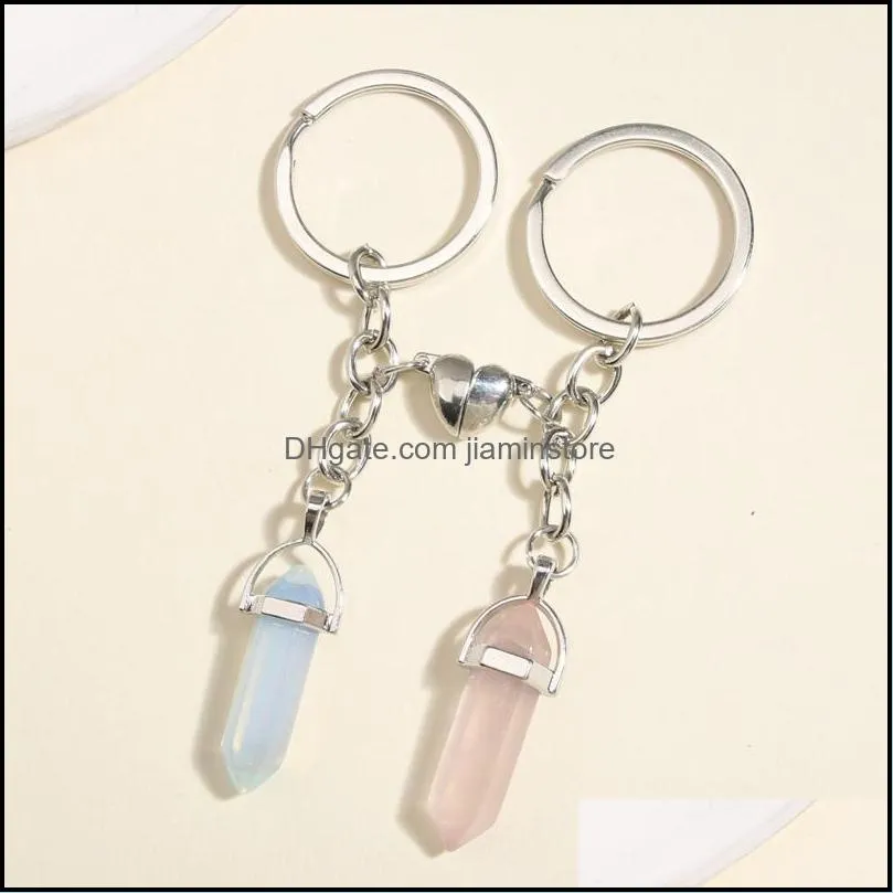 natural crystal rose quartz stone key ring love heart magnetic button keychains for couple friend gifts diy handmade jewelry keyrings