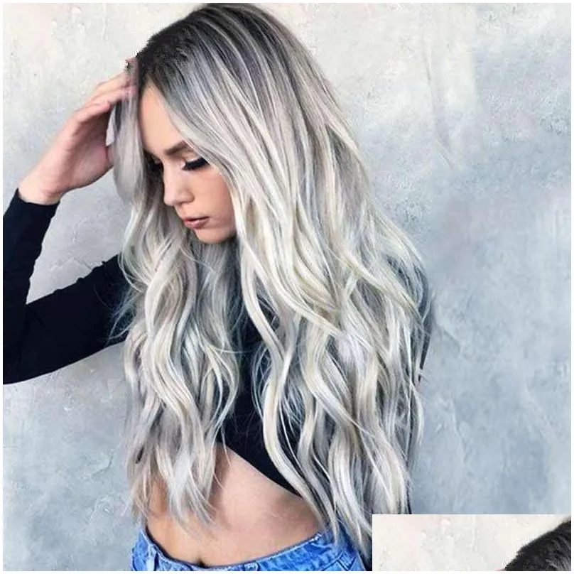 leaching and dyeing midlength curly hair cos gray gradient anime wig female chemical fiber headgear