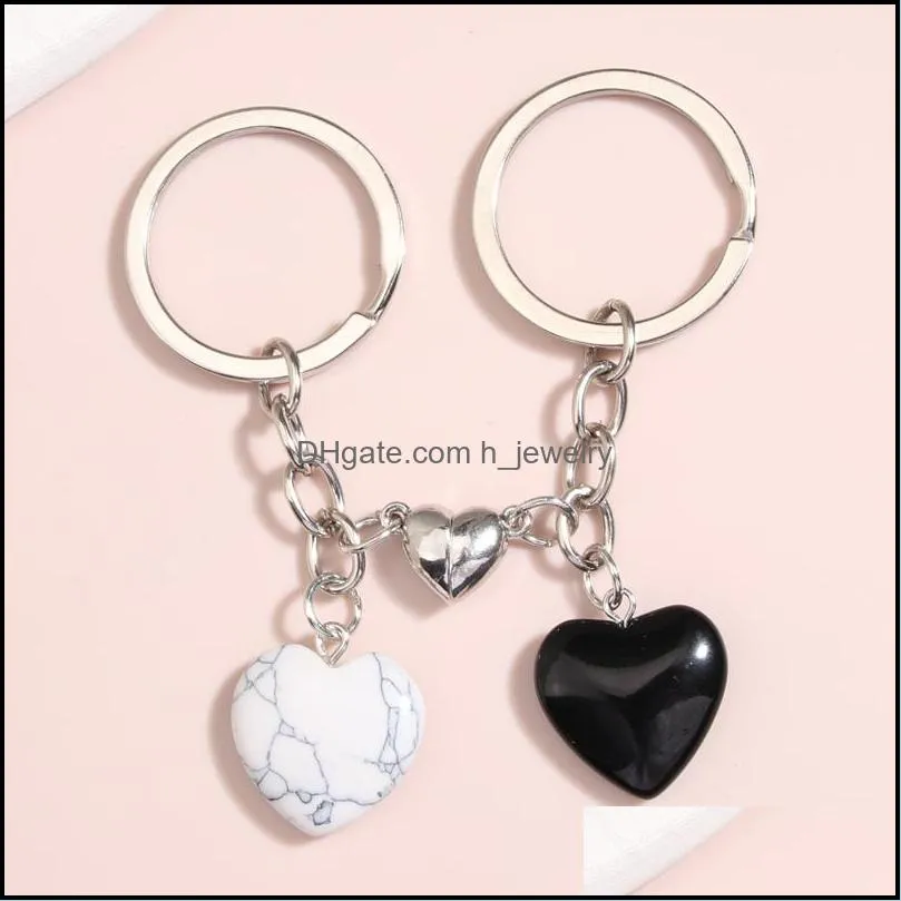 design keychain natural crystal quartz stone love heart magnetic button keyring key chains for couple friend gifts diy jewelry