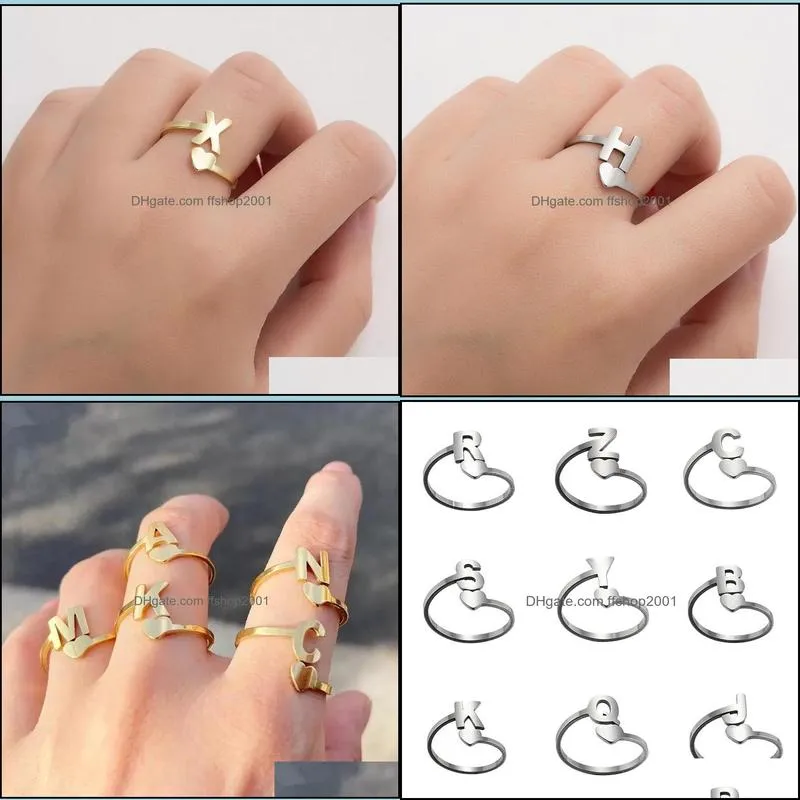 tiny heart initial letter rings stainless steel 26 az couple ring for women men fashion adjustable jewelry friendship lover gifts