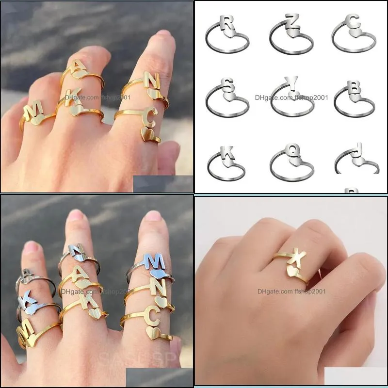 tiny heart initial letter rings stainless steel 26 az couple ring for women men fashion adjustable jewelry friendship lover gifts