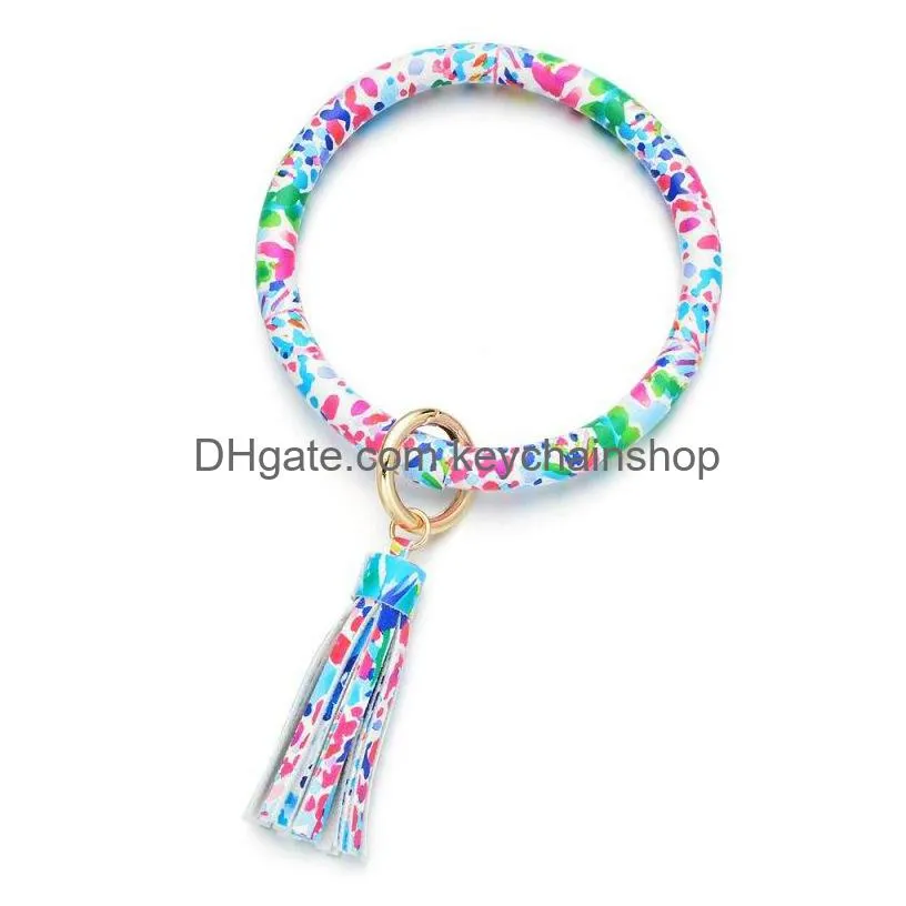 leather christmas round bracelet keychains enamel multicolor with tassels bracelet keychain leopard patterns bangle key holder