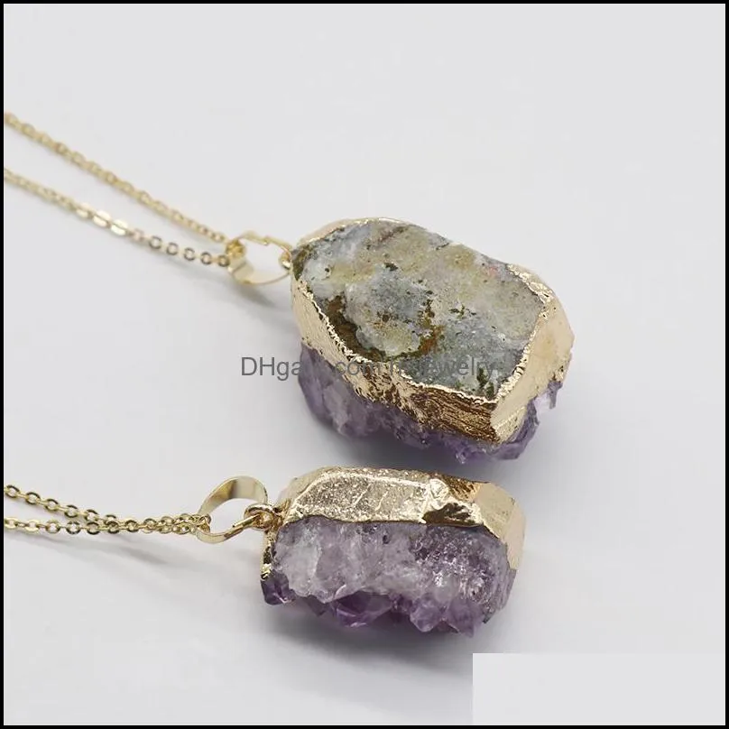 natural amethyst cluster pendant healing necklace raw gilded edge geode decor handmade purple crystal hanging decoration for releasing stress and