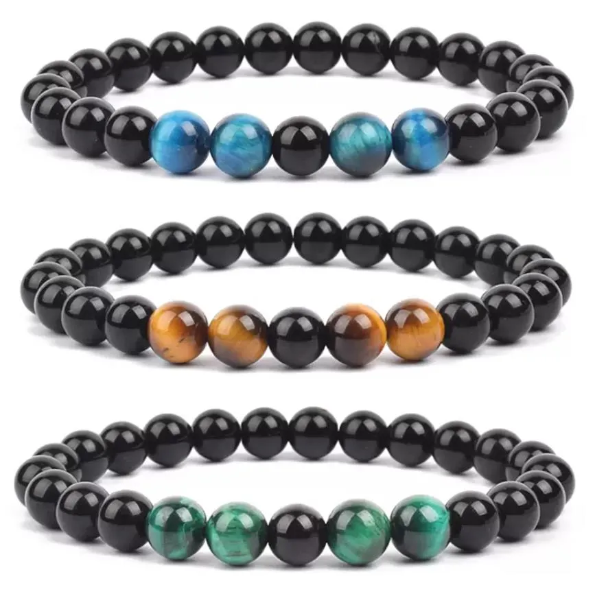 men women various natural stone tigers eye strand bracelets bright black obsidan onyx beads bracelet bangles whoelsale