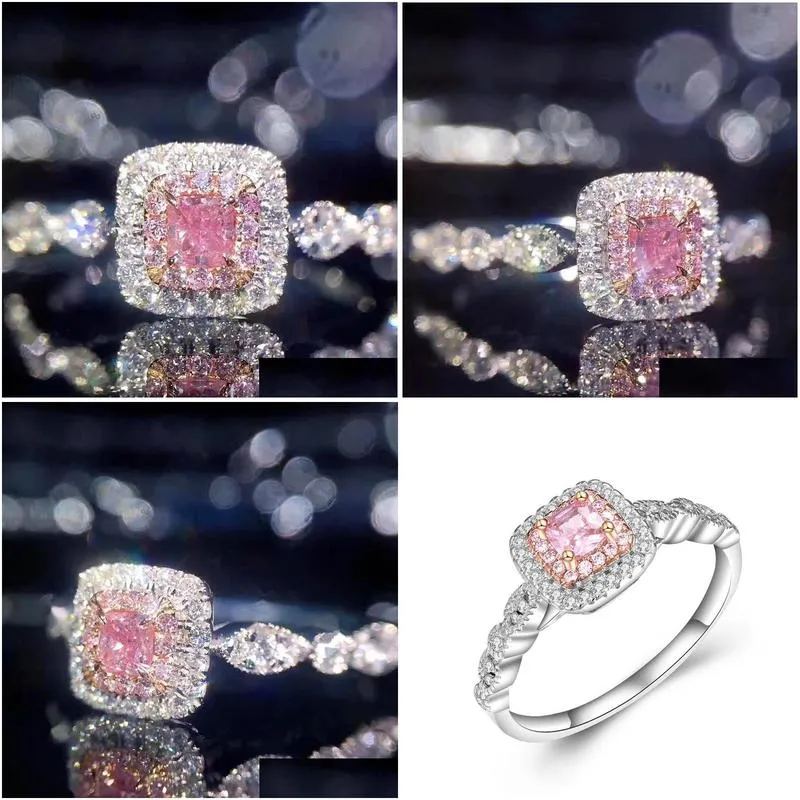 pink color microinlaid artificial diamond ring square diamond womens wedding ring
