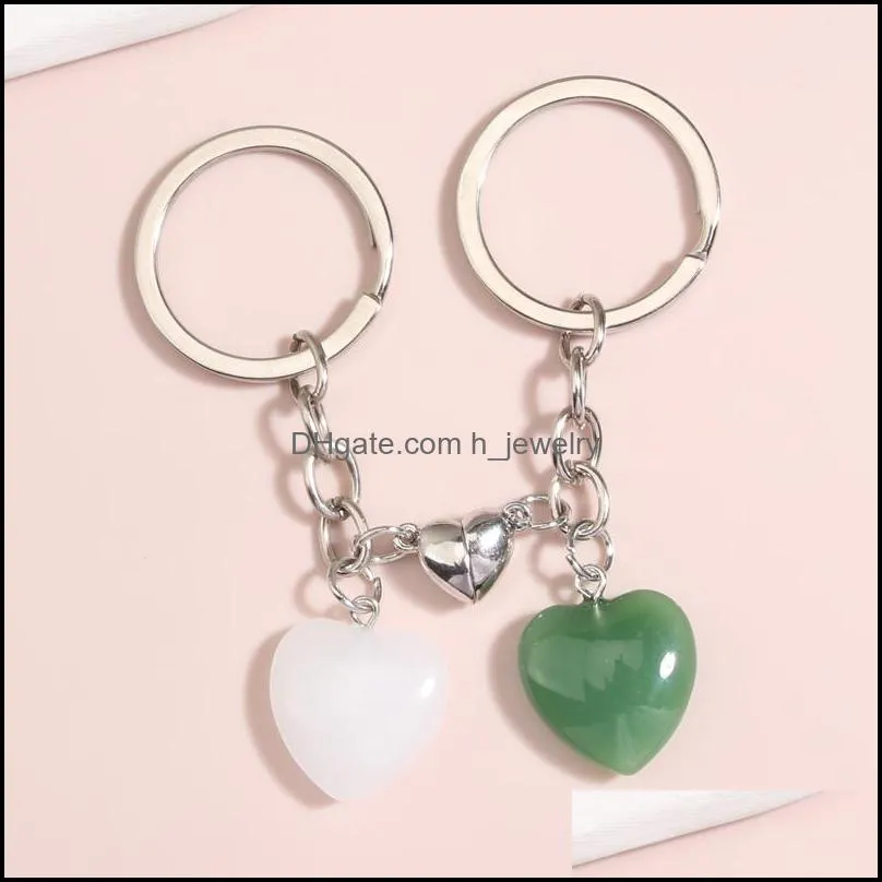 2pcs/set lover keychain design natural crystal quartz stone heart key ring magnetic button key chains for couple friend gifts diy