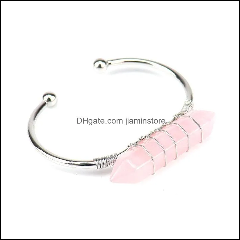 copper wire wrap hexagonal prism natural stone cuff crystal column bracelet stone open bangle charm bracelets for women
