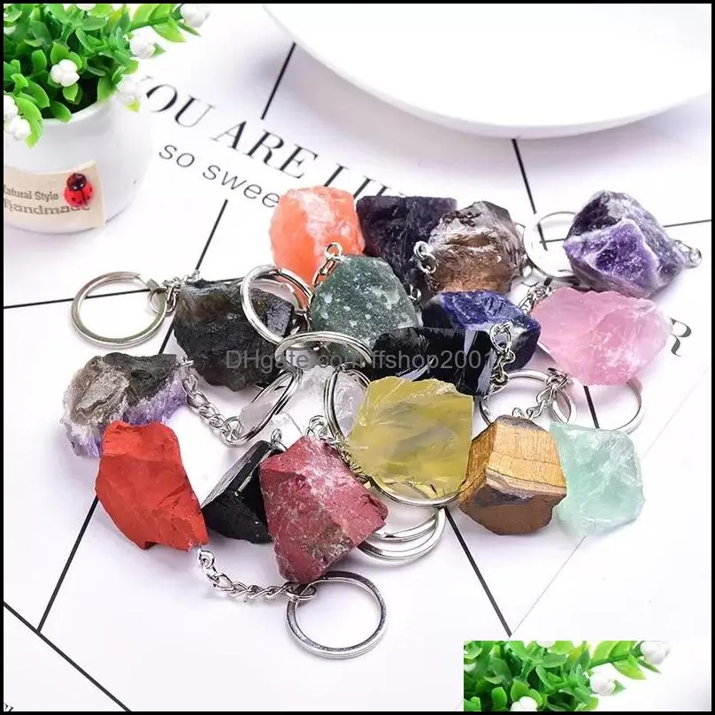 natural form rough stone quartz keychain ring for women men handbag hangle car key holder raw mineral stones keyring jewelry