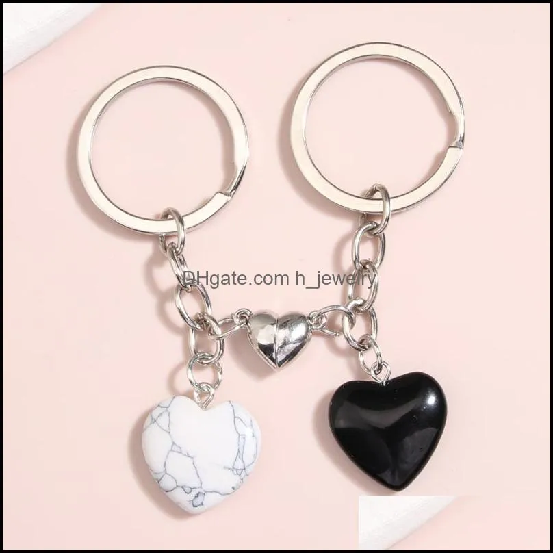 2pcs/set lover keychain design natural crystal quartz stone heart key ring magnetic button key chains for couple friend gifts diy