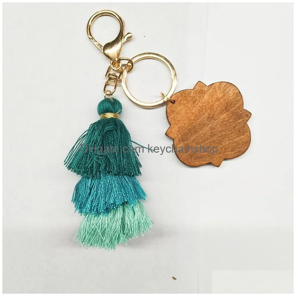 personalized wooden keychain party favor threelayer cotton tassel and fourleaf clover wood chip pendant key ring multicolor