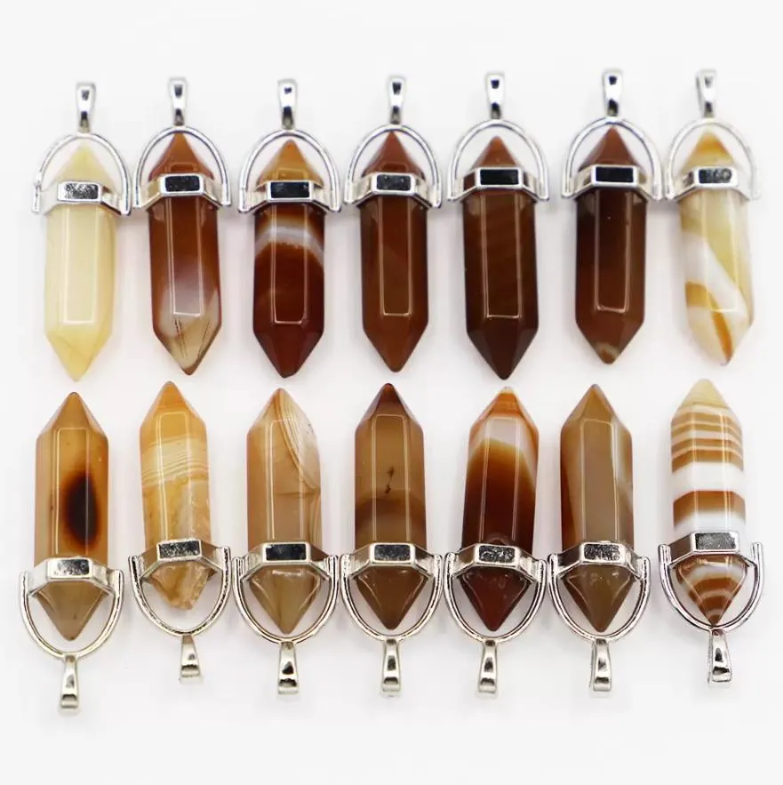 natural stone charms brown striped agate hexagon pillar point pendants reiki crystal jewelry making necklace accessories wholesale