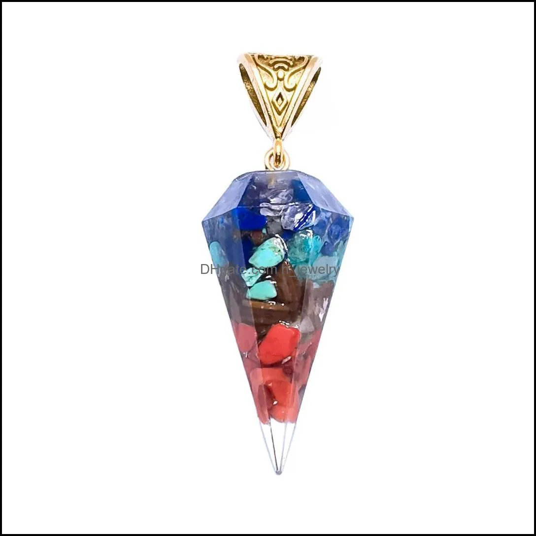 retro resin reiki healing colorful chips stone cone pendant chakra orgone energy pendants pendulum amulet orgonite crystal necklace