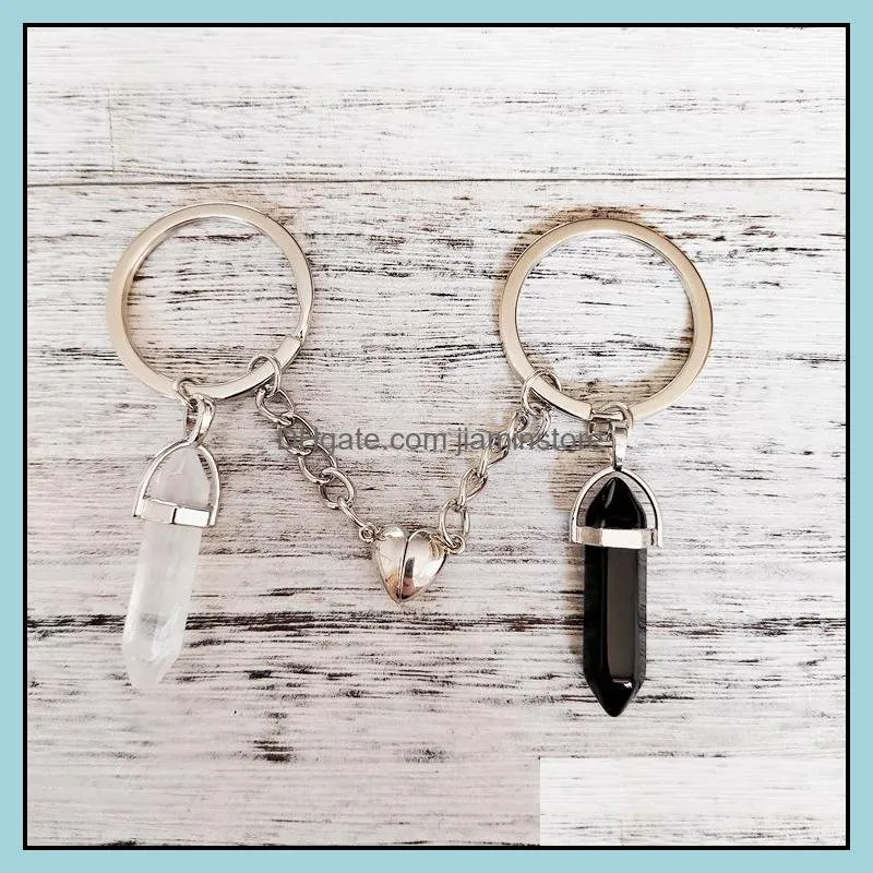 lover natural crystal rose quartz stone key ring love heart magnetic keychains for couple friend gifts diy handmade jewelry keyrings