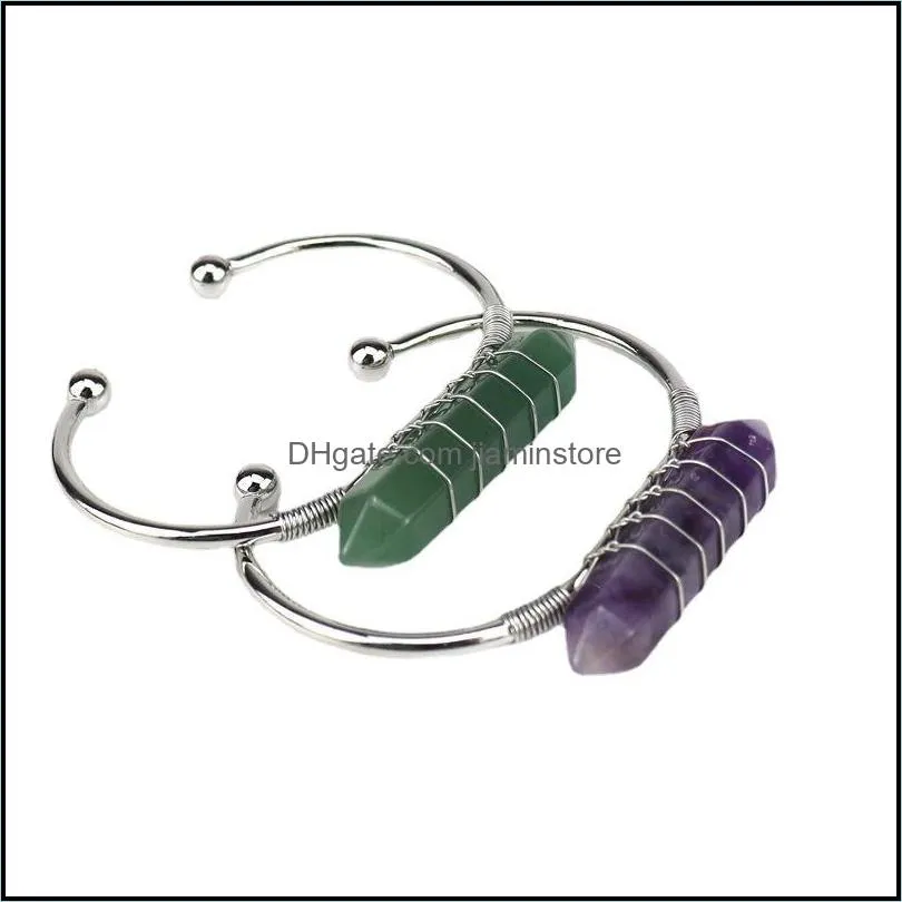 copper wire wrap hexagonal prism natural stone cuff crystal column bracelet stone open bangle charm bracelets for women