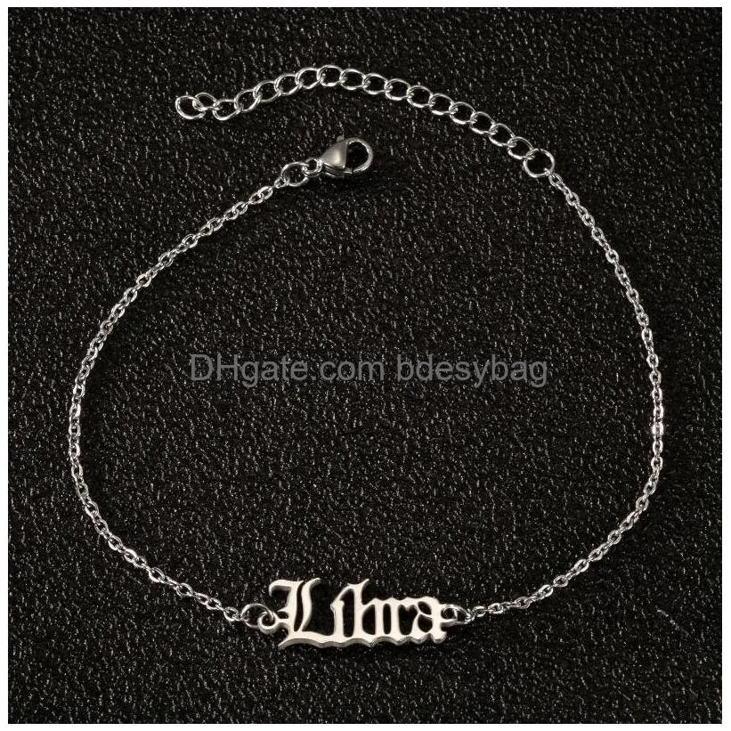 2020 fashion stainless steel foot chain bracelet anklet 12 zodiac sign old english alphabet charm bracelet for women new design jewelry