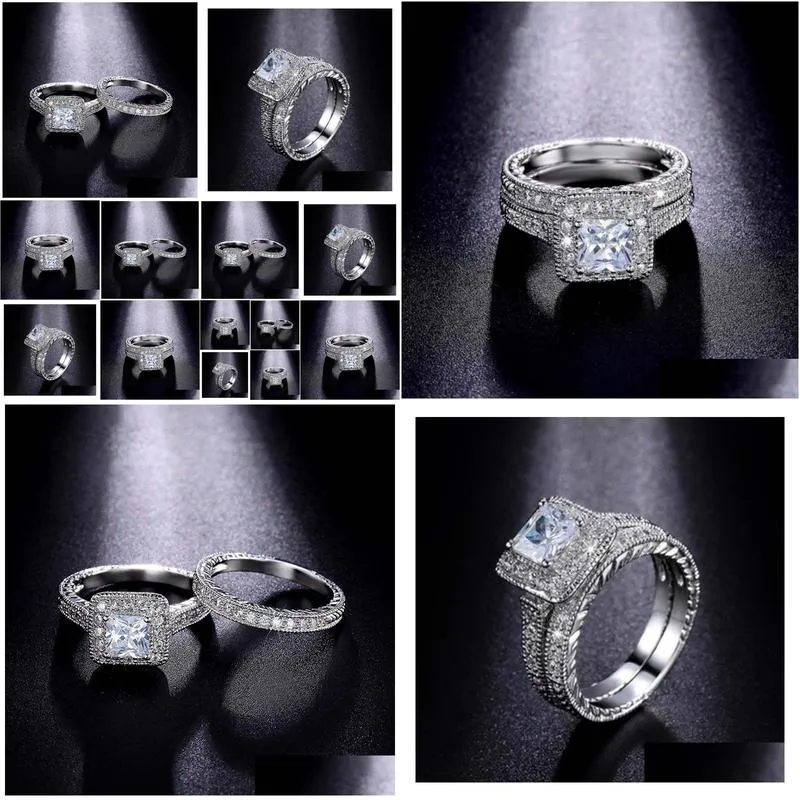 silverplated diamond fashion luxury couple square diamond ring set