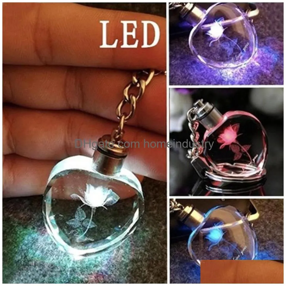 1pc square romantic heart crystal rose flower crystal led light charm keychain square key chain nice small gift for wedding239p