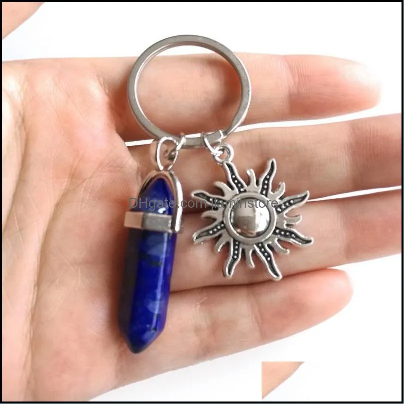 alloy sun sunshine natural stone hexagonal column couple keychain women rose quartz key chains trinket wedding party lovers gift