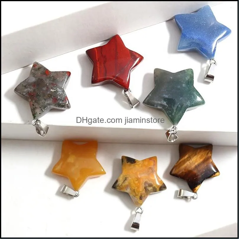 25mm big carved star charms natural quartz crystal pendants healing stones gemstone pendant for jewelry makinig