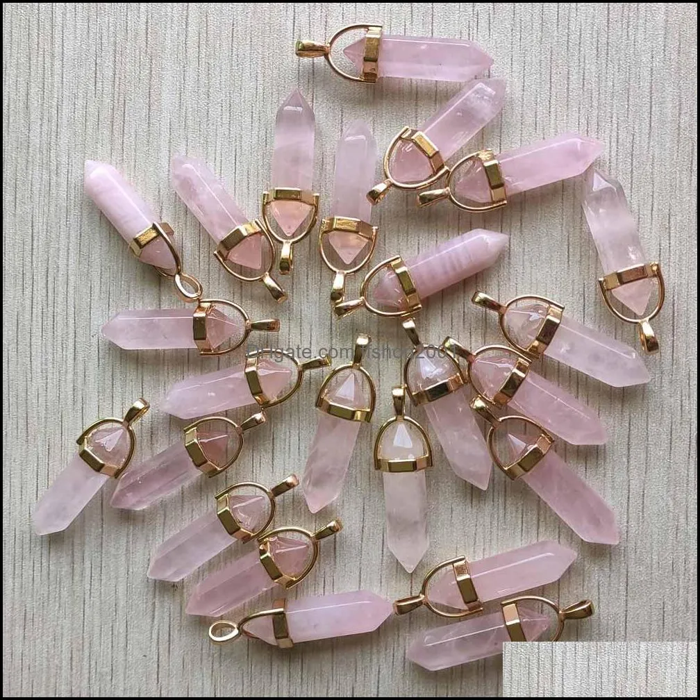 natural stone rose quartz hexagon prism shape charms crystal gold pendants for jewelry making wholesale
