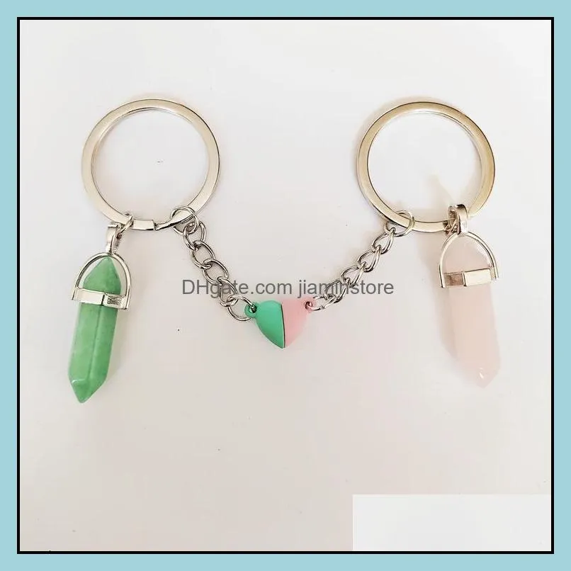 lover natural crystal rose quartz stone key ring love heart magnetic keychains for couple friend gifts diy handmade jewelry keyrings