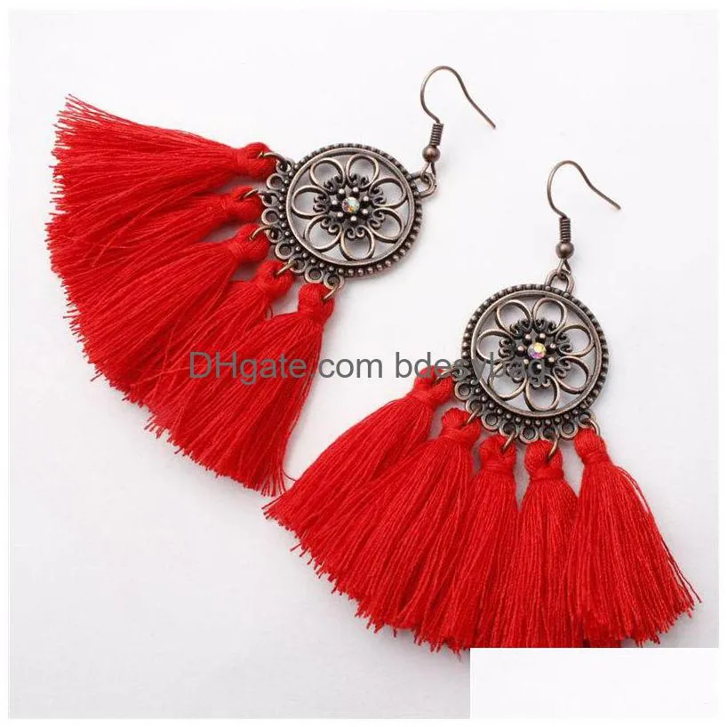 bohemian style tassel chandelier earrings for women girls handmade vintage gold plated flower hoop dangle earing fashion jewelry gift