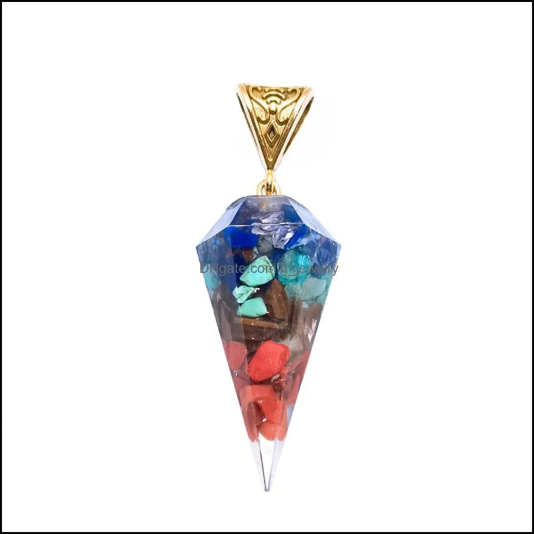 retro resin reiki healing colorful chips stone cone pendant chakra orgone energy pendants pendulum amulet orgonite crystal necklace