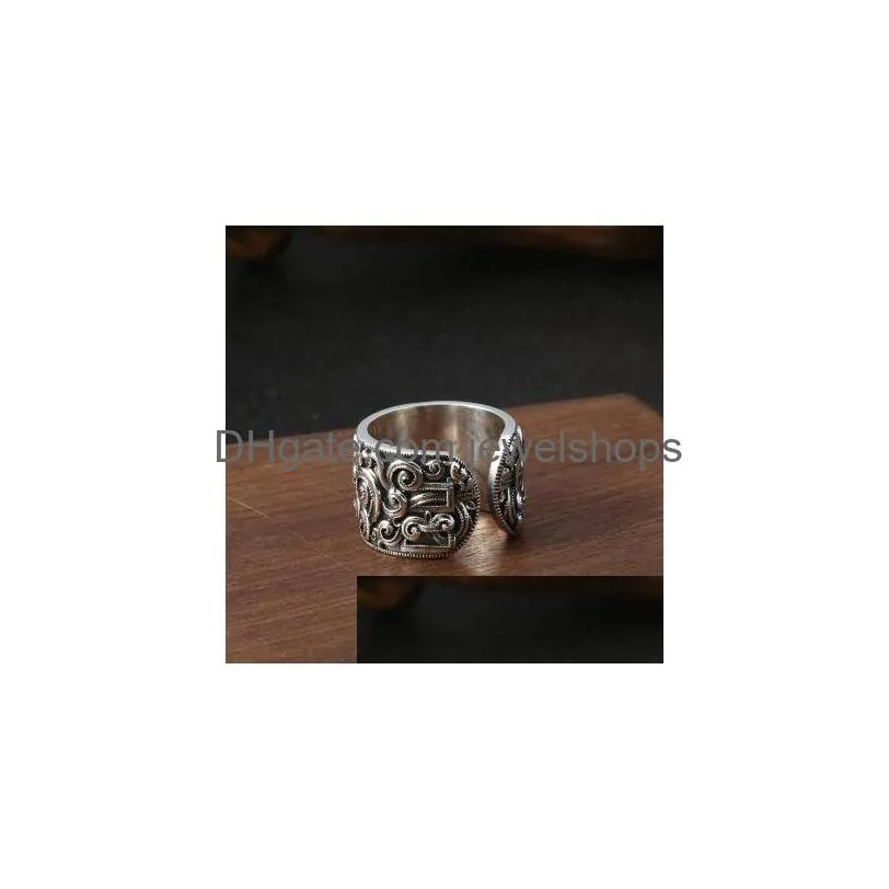 s925 sterling silver ornament fashion mongolia longevity ring mens wide version of thai silver opening adjustable ring