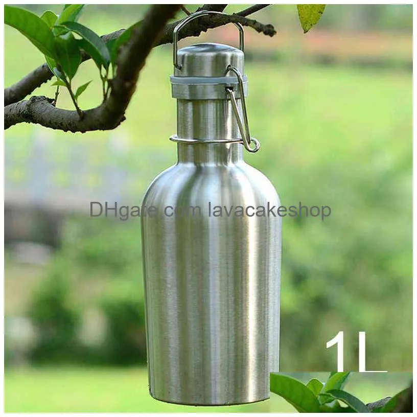 mayitr 1pc 1l/2l 32oz/64oz stainless steel water bottle beer thermos growler outdoor insulation keg for sport 211122