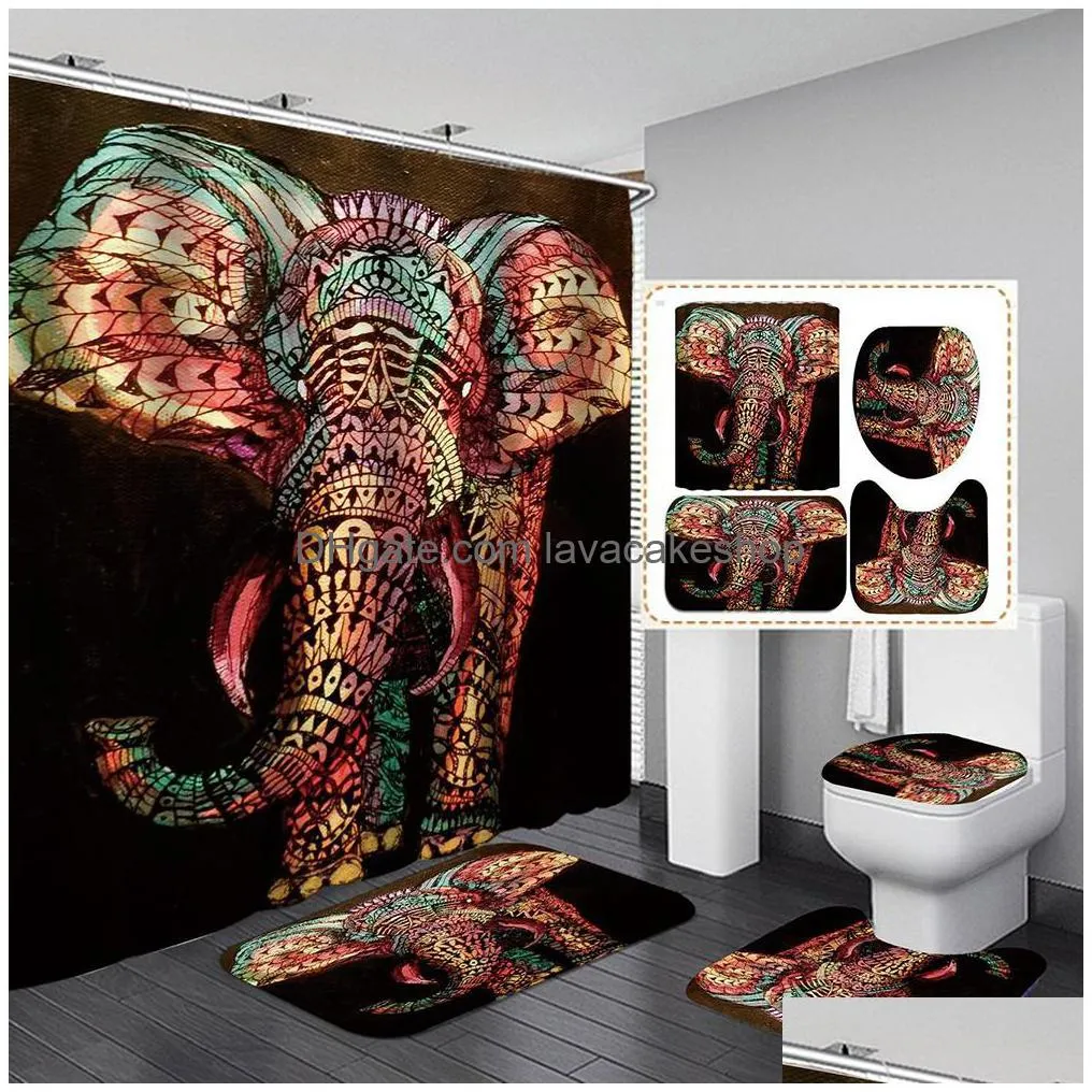 water color elephant shower curtain polyester 4 piece bathroom set carpet cover toilet cover bath mat pad for home decor t200711