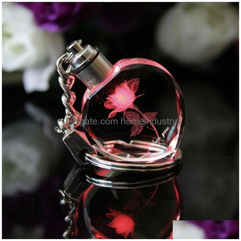 1pc square romantic heart crystal rose flower crystal led light charm keychain square key chain nice small gift for wedding239p