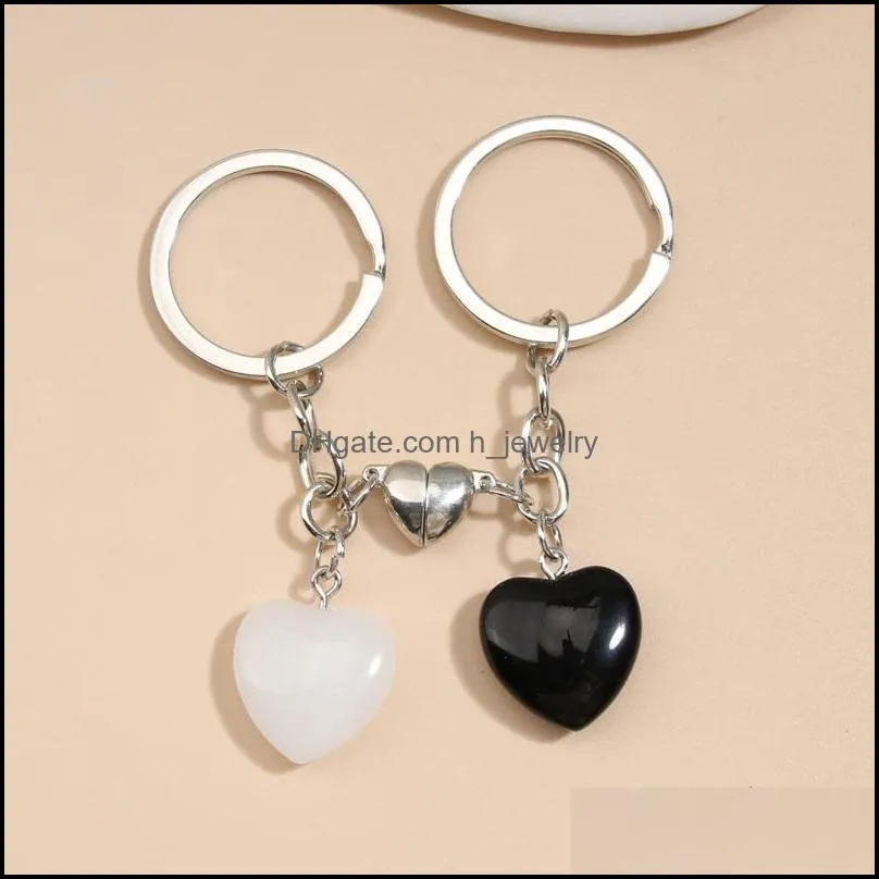 design keychain natural crystal quartz stone love heart magnetic button keyring key chains for couple friend gifts diy jewelry